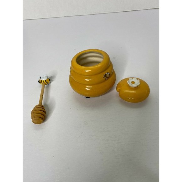 Ceramic Honey Miel Jar Honey Pot Bee Dipper And Bee Hive With Daisy - Picture 4 of 9